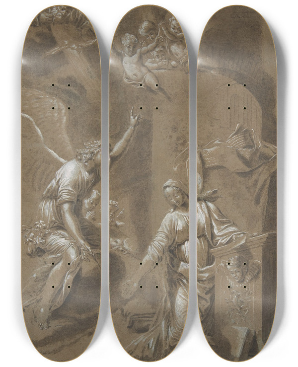 Triptych art skateboard deck of Johann Jakob Von Sandrart The Annunciation_2 by Johann Jakob Von Sandrart (1655-1698)