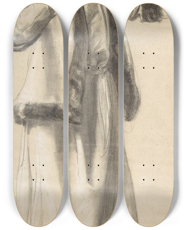 Triptych art skateboard deck of Romain Cazes Figure In A Fur Trimmed Jacket by Romain Cazes (1810-1881)