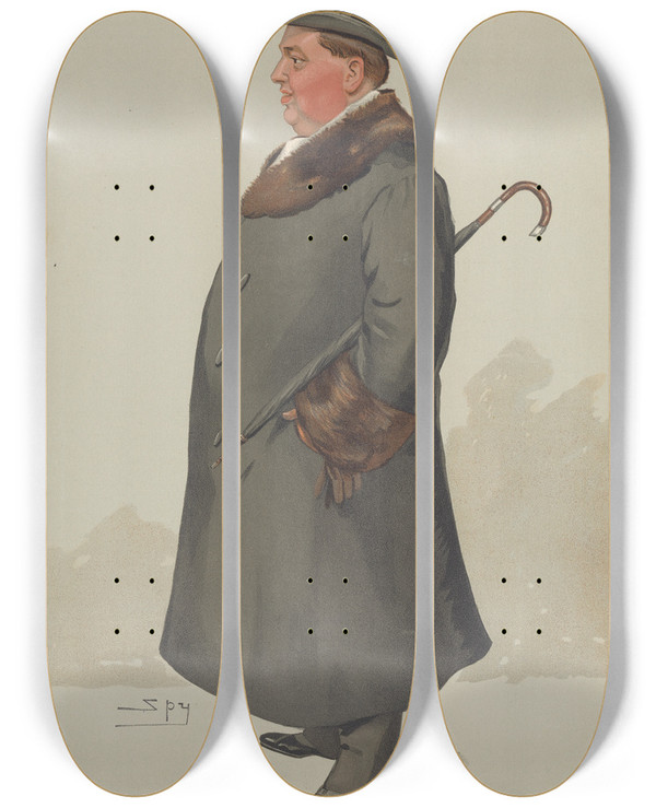 Triptych art skateboard deck of Leslie Matthew Ward Politicians A Most Discreet Under Secretary Drawn For The First Time The Earl Of Donoughmore February 9 1905 by Leslie Matthew Ward (1851-1922)