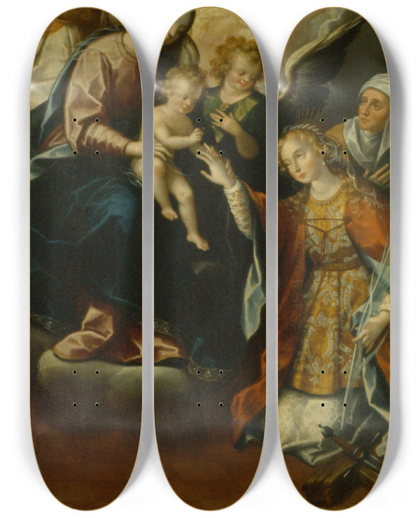 Triptych art skateboard deck of Luis Jurez The Mystical Betrothal Of Saint Catherine Of Alexandria by Luis Juarez (1585-1639)