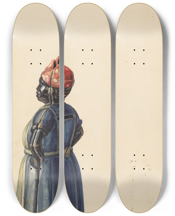 Triptych art skateboard deck of Hans Mangelsdorf Cast Iron Coin Bank by Hans Mangelsdorf