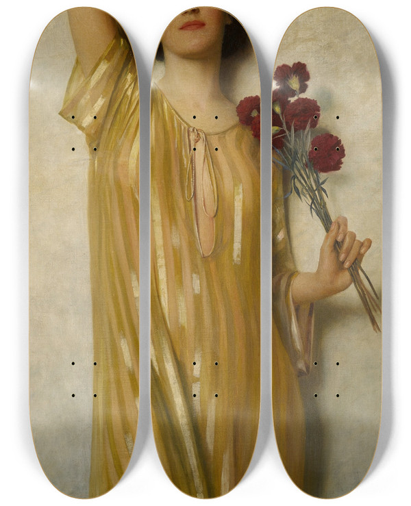 Triptych art skateboard deck of Max Nonnenbruch Lady In Yellow by Max Nonnenbruch (1857-1922)