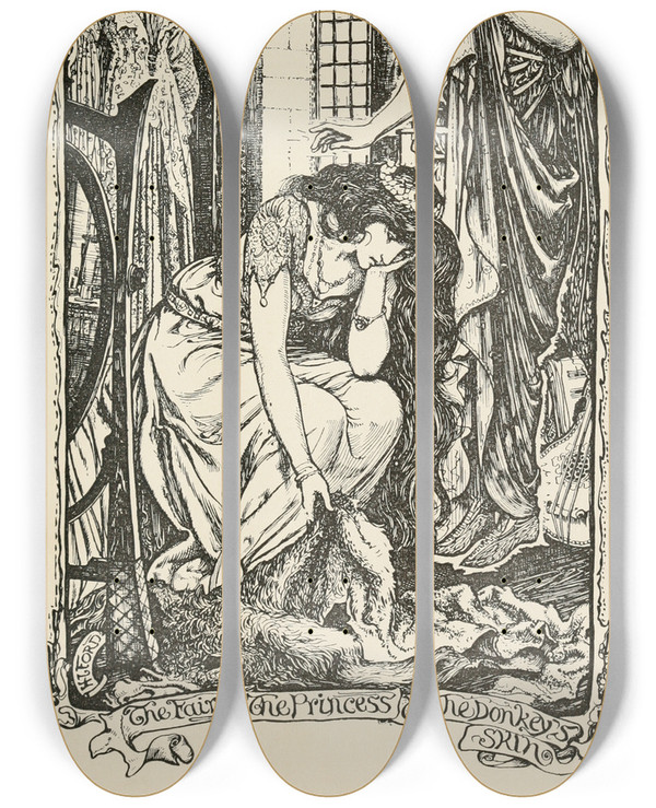 Triptych art skateboard deck of Henry Justice Ford The Fairy The Princess And The Donkeys Skin by Henry Justice Ford (1860-1941)