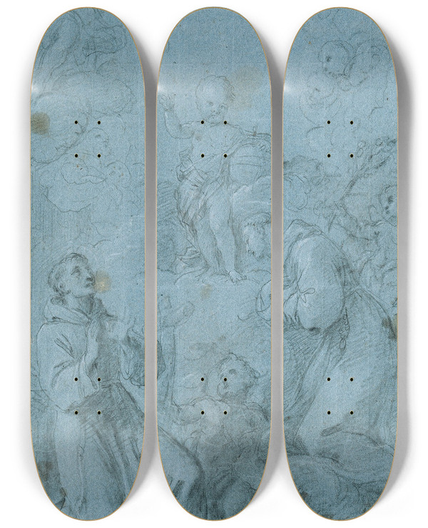 Triptych art skateboard deck of Giovanni Agostino Ratti Saint Peter Of Alcantara And Saint Anthony Of Padua Worship The Christ Child by Giovanni Agostino Ratti (1699-1755)