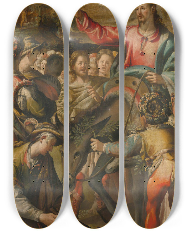 Triptych art skateboard deck of Andrea Boscoli Christs Entry Into Jerusalem by Andrea Boscoli (1560-1608)