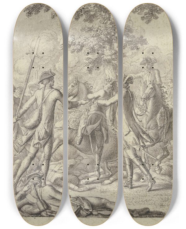 Triptych art skateboard deck of Daniel Nikolaus Chodowiecki Zwei Soldaten Helfen Friedrich Dem Groen Von Einem Zusammensinkenden Pferd_1 by Daniel Nikolaus Chodowiecki (1726-1801)
