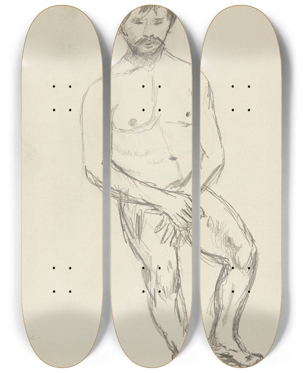 Triptych art skateboard deck of Adolf Sternschuss Akt Siedzcego Mczyzny Zakrywajcego Domi Przyrodzenie by Adolf Sternschuss (1873-1915)