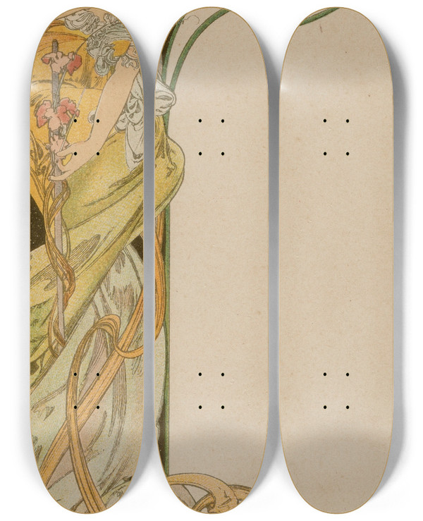 Triptych art skateboard deck of Alphonse Mucha Menu Card_4 by Alphonse Mucha (1860-1939)