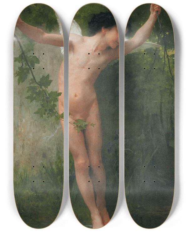 Triptych art skateboard deck of William Bouguereau Cupid Flying Over Water by William Bouguereau (1825-1905)