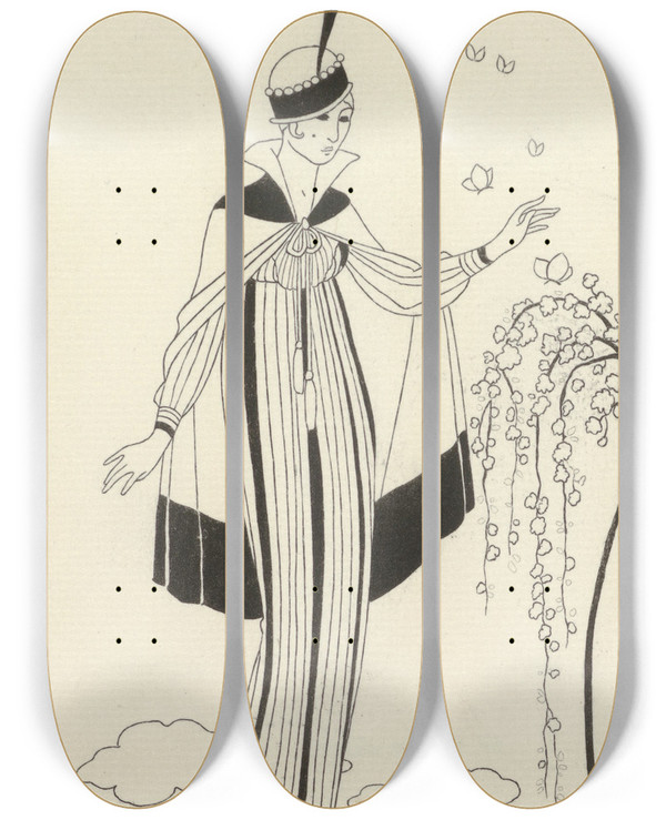 Triptych art skateboard deck of George Barbier Petit Manteau De Velours by George Barbier (1882-1932)