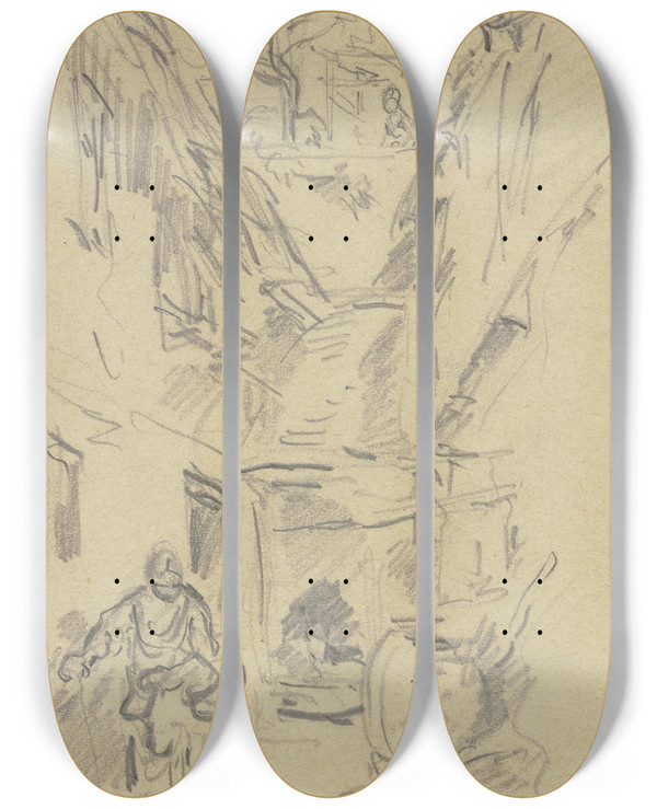 Triptych art skateboard deck of Anton Burger Little Farm With Woman by Anton Burger (1824-1905)