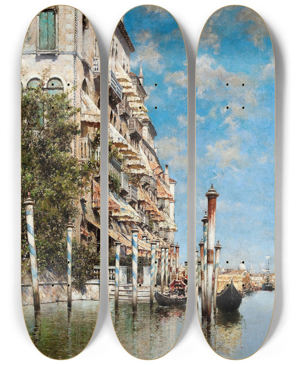 Triptych art skateboard deck of Rafael Senet Y Perez Along The Grand Canal by Rafael Senet Y Perez (1856-1926)