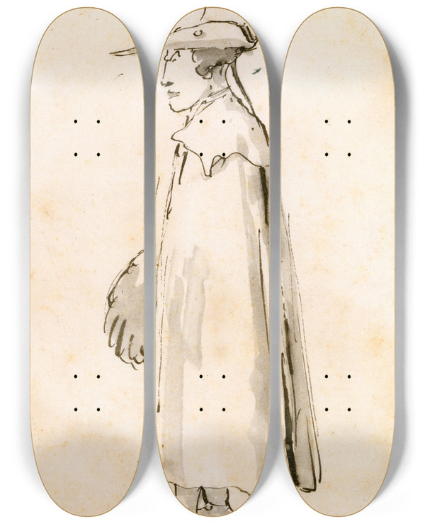 Triptych art skateboard deck of Giovanni Battista Tiepolo Caricature Of A Man In A Long Cloak Standing In Profile To The Left by Giovanni Battista Tiepolo (1696-1770)