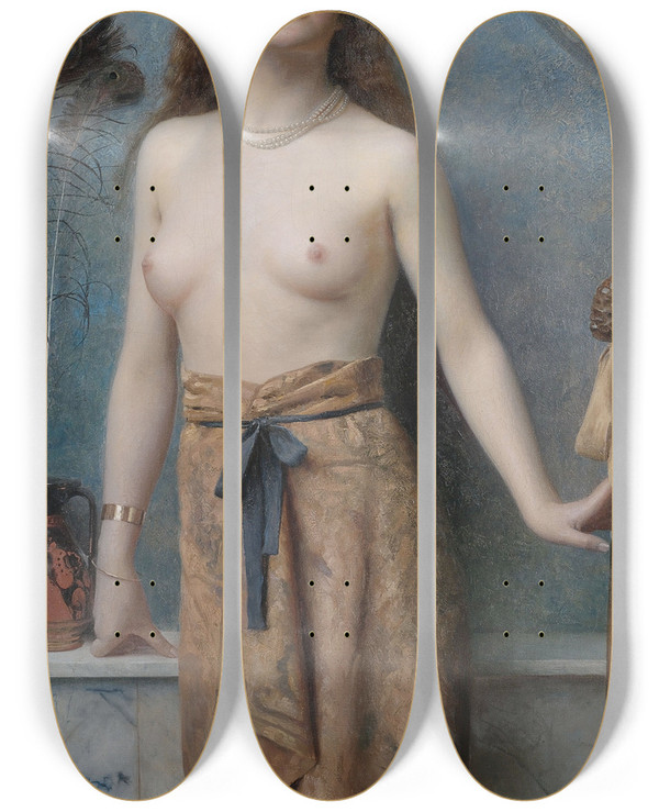 Triptych art skateboard deck of Max Nonnenbruch Young Bacchante With Thrysos Staff by Max Nonnenbruch (1857-1922)