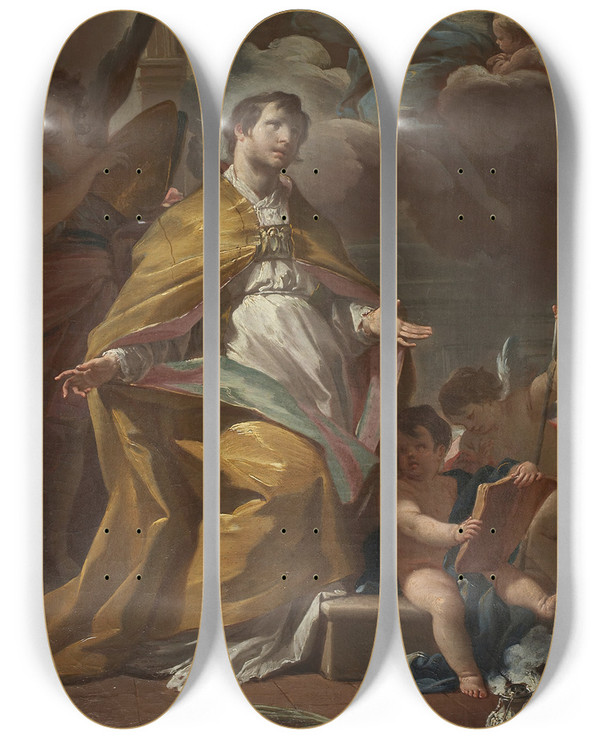 Triptych art skateboard deck of Corrado Giaquinto Bishop Saint In Prayer by Corrado Giaquinto (1703-1766)