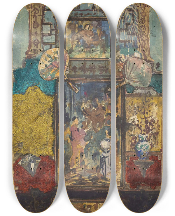 Triptych art skateboard deck of Robert Caney Stage Set Consisting Of Painted Panels Fabrics And Fans by Robert Caney (1847-1911)