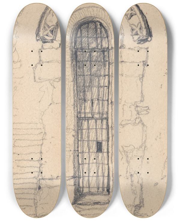 Triptych art skateboard deck of John Sell Cotman Window On The North Side Of Burnham Ulph Church Norfolk by John Sell Cotman (1782-1842)