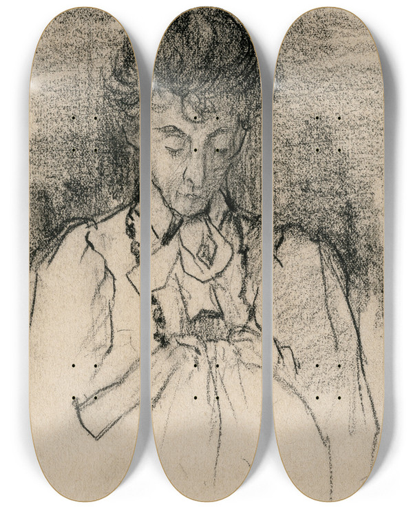 Triptych art skateboard deck of Theo Van Hoytema Een Dame Bezig Met Handwerk by Theo Van Hoytema (1863-1917)