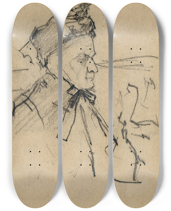 Triptych art skateboard deck of Theo Van Hoytema Oude Dame Borstbeeld by Theo Van Hoytema (1863-1917)