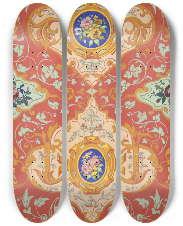 Triptych art skateboard deck of Julesedmondcharles Lachaise Design For Wallpaper Featuring Strapwork Rinceaux And Cartouches Filled With Bouquets Of Roses by Jules-Edmond-Charles Lachaise (1897)