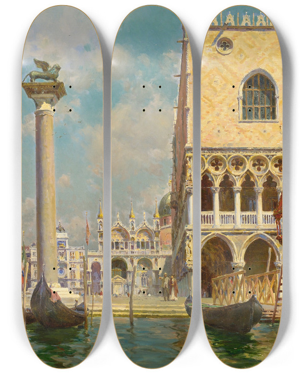 Triptych art skateboard deck of Augusto Lovatti Venice by Augusto Lovatti (1852-1921)