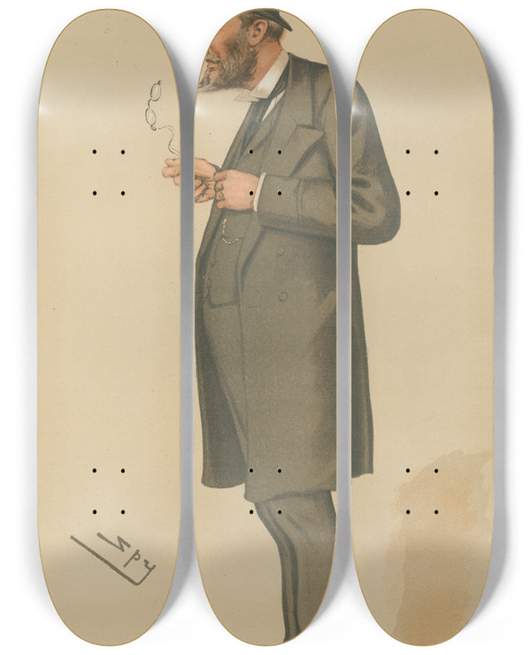 Triptych art skateboard deck of Leslie Matthew Ward Politicians A Liberal Whip Mr Charles Cecil Cotes Oct 13 1883 by Leslie Matthew Ward (1851-1922)