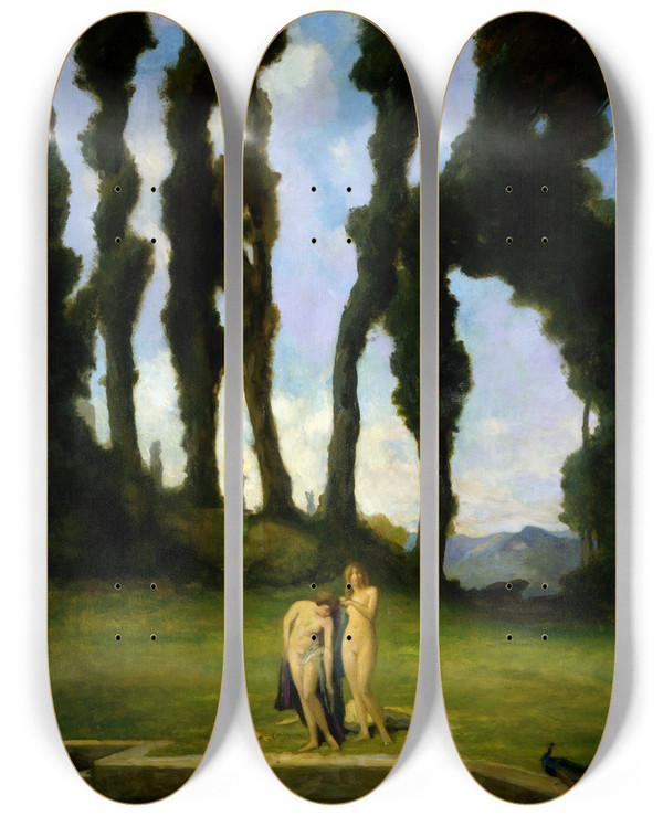 Triptych art skateboard deck of Charles Walter Stetson After The Bath by Charles Walter Stetson (1858-1911)