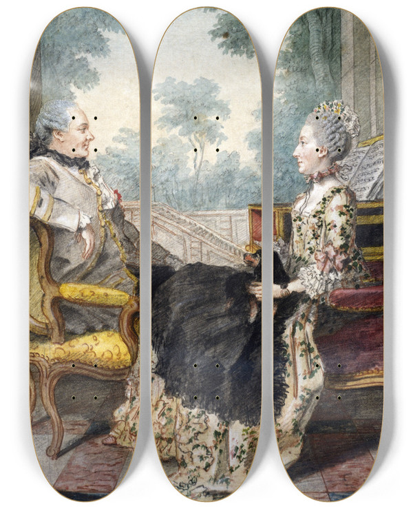 Triptych art skateboard deck of Louis Carrogis Carmontelle M Le Comte Et Mme La Comtesse Despourdons by Louis Carrogis Carmontelle (1717-1806)