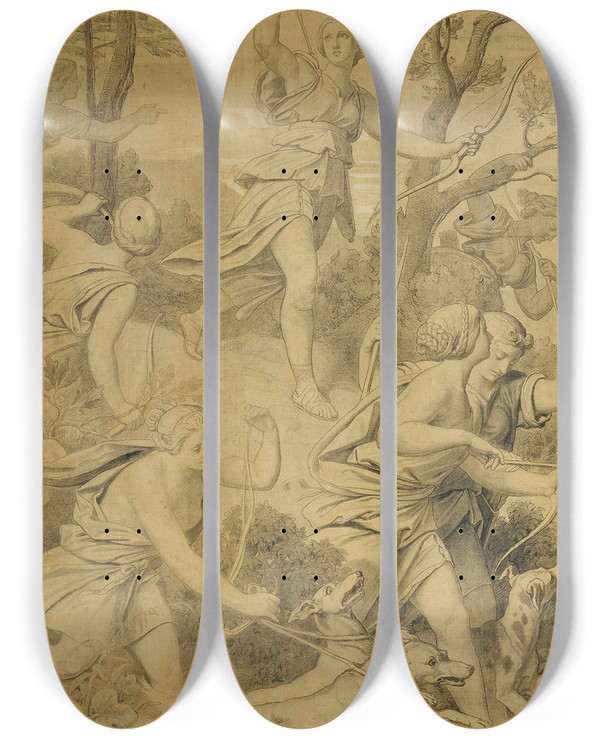 Triptych art skateboard deck of Moritz Von Schwind Diana Mit Ihren Gefhrtinnen by Moritz Von Schwind (1804-1871)
