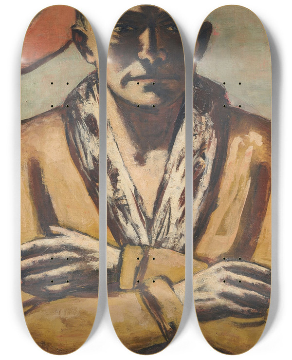 Triptych art skateboard deck of Max Beckmann Selbstbildnis Gelbrosa by Max Beckmann (1884-1950)