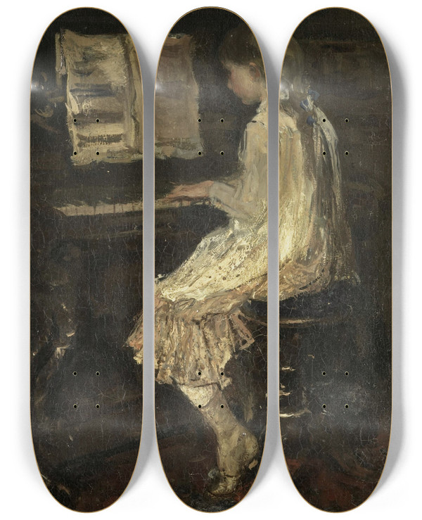Triptych art skateboard deck of Jacob Maris Girl At The Piano by Jacob Maris (1837-1899)