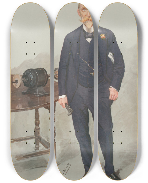Triptych art skateboard deck of Leslie Matthew Ward Doctors And Scientists Electricity Sir David L Salomons by Leslie Matthew Ward (1851-1922)