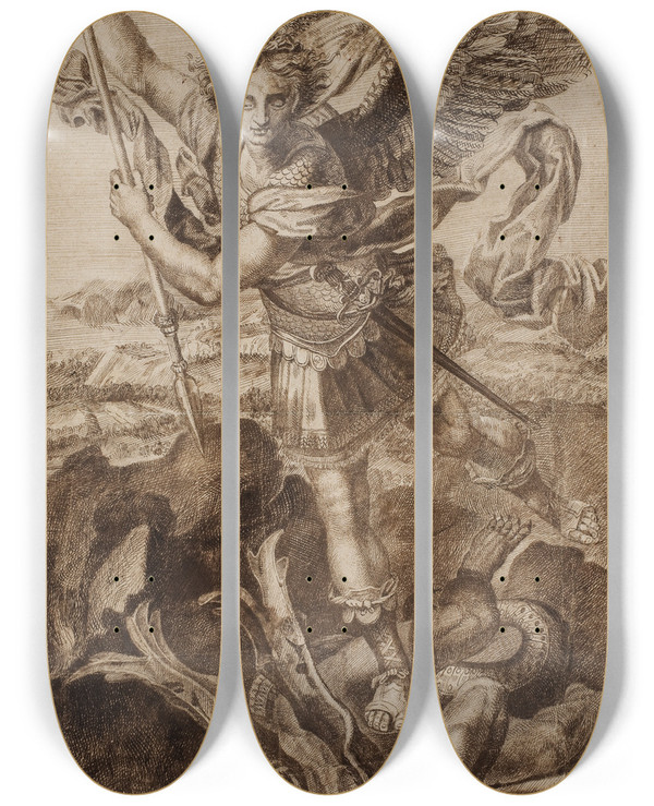 Triptych art skateboard deck of Raphael St Michael by Raphael (1483-1520)