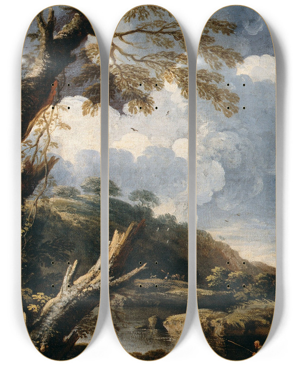 Triptych art skateboard deck of Salvator Rosa Monks Fishing by Salvator Rosa (1615-1673)