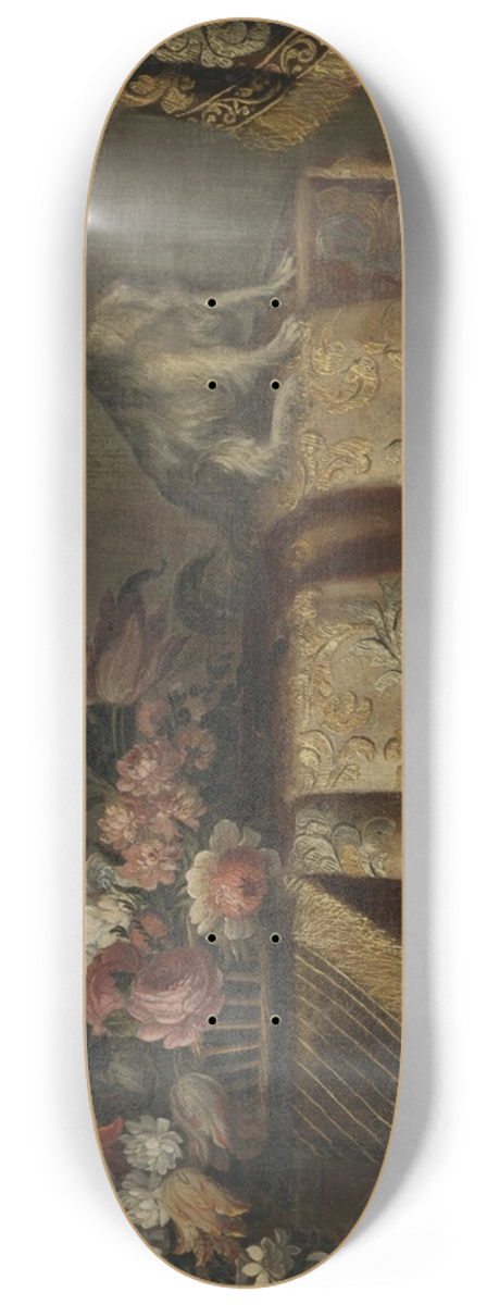 Francesco Noletti - Still Life of Flowers with a Toy Spaniel, all on a draped table 8.25 inch art skate deck