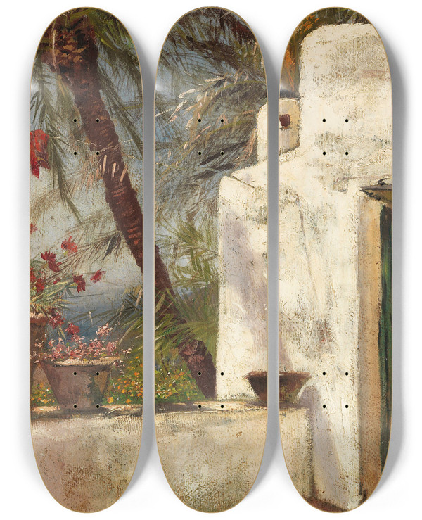 Triptych art skateboard deck of Hermione Von Preuschen Palmenterrasse Capri by Hermione Von Preuschen (1854-1918)