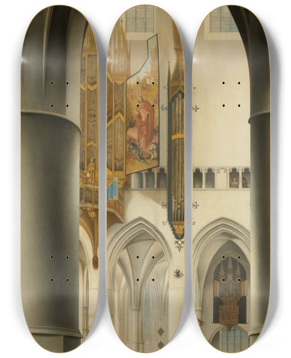 Triptych art skateboard deck of Pieter Jansz Saenredam Interior Of The Church Of St Bavo In Haarlem by Pieter Jansz Saenredam (1597-1665)