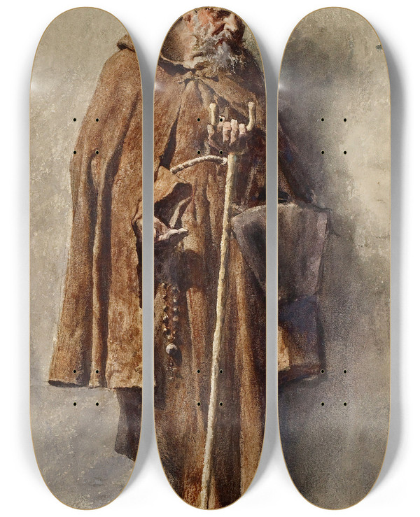 Triptych art skateboard deck of Mariano Fortuny Marsal The Mendicant by Mariano Fortuny Marsal (1838-1874)