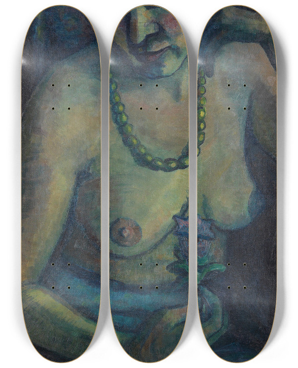 Triptych art skateboard deck of Dorothea Maetzeljohannsen Selbstportrt In Blau Halbakt Mit Perlenkette by Dorothea Maetzel-Johannsen (1886-1930)