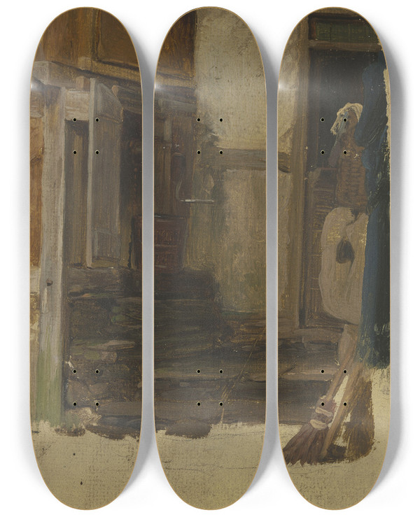 Triptych art skateboard deck of Jakob Becker Well At A Farmhouse by Jakob Becker (1810-1872)