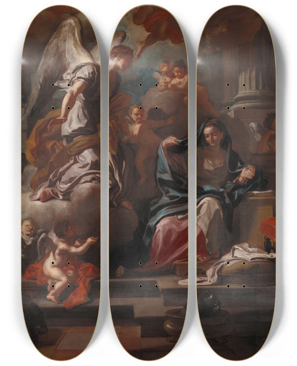 Triptych art skateboard deck of Francesco Solimena The Annunciation by Francesco Solimena (1657-1747)