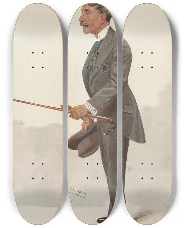 Triptych art skateboard deck of Leslie Matthew Ward Politicians A Midland Imperialist Mr Alfred F Bird September 30 1908 by Leslie Matthew Ward (1851-1922)