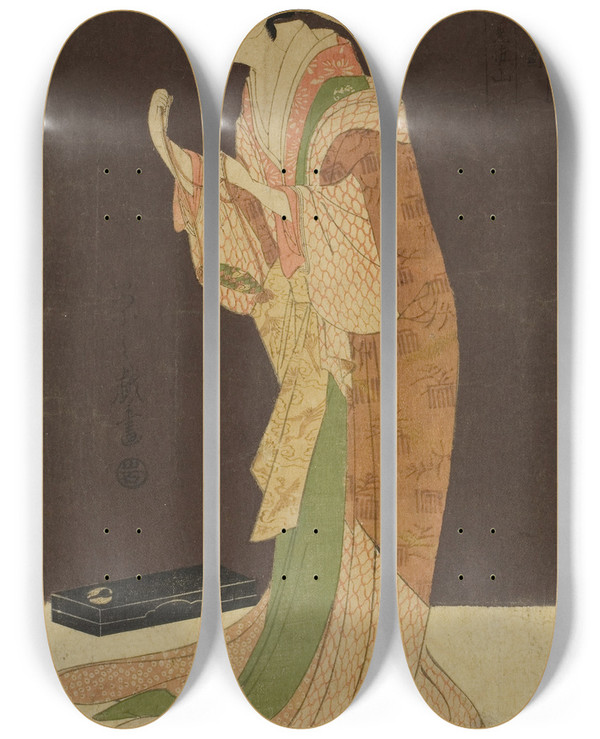 Triptych art skateboard deck of Chbunsai Eishi A Selection Of Beauty From The Pleasure Quarters Seiro Bisen Awase Misayama Of The Chojiya In Night Dress Tokogi No Zu Chojiya Misayama by Chobunsai Eishi (1756-1829)