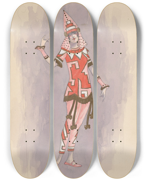 Triptych art skateboard deck of Will R Barnes Womans Costume Pink Pants 2 by Will R Barnes (1939)