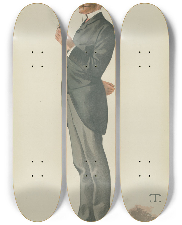 Triptych art skateboard deck of Leslie Matthew Ward Politicians A Postmaster General Sir James Fergusson April 30 1892_1 by Leslie Matthew Ward (1851-1922)