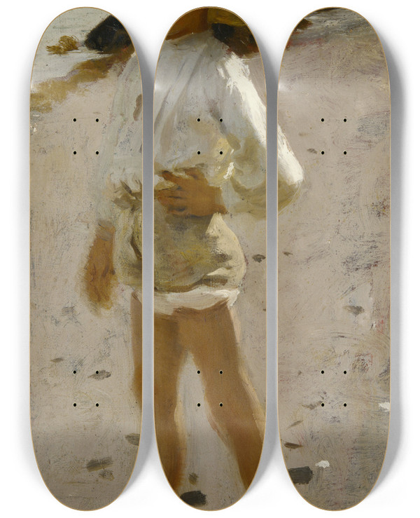 Triptych art skateboard deck of John Singer Sargent Young Boy On The Beach Sketch For Oyster Gatherers Of Cancale by John Singer Sargent (1856-1925)