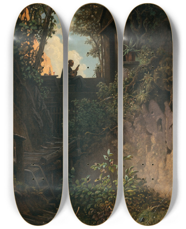 Triptych art skateboard deck of Carl Spitzweg Golden Evening by Carl Spitzweg (1808-1880)