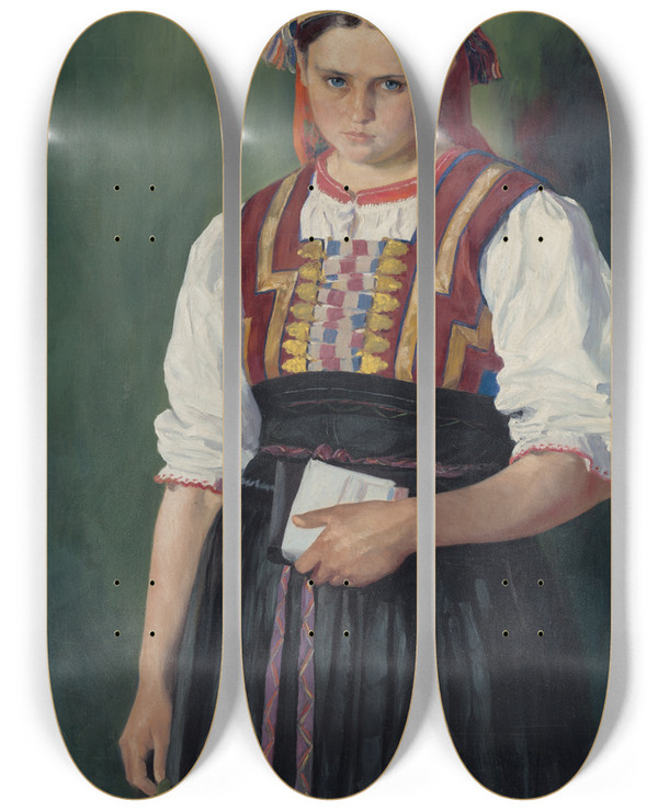 Triptych art skateboard deck of Jozef Hanula To Boyfriend by Jozef Hanula (1863-1944)