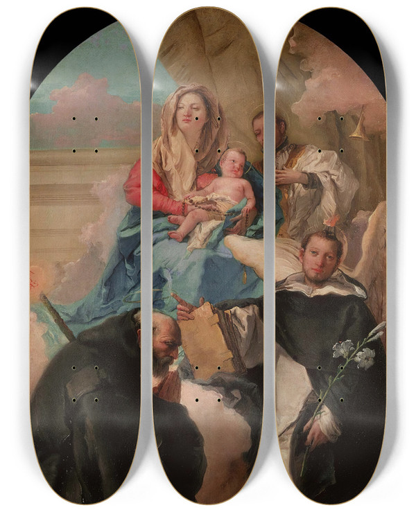 Triptych art skateboard deck of Giovanni Domenico Tiepolo Madonna And Child With Three Saints by Giovanni Domenico Tiepolo (1727-1804)