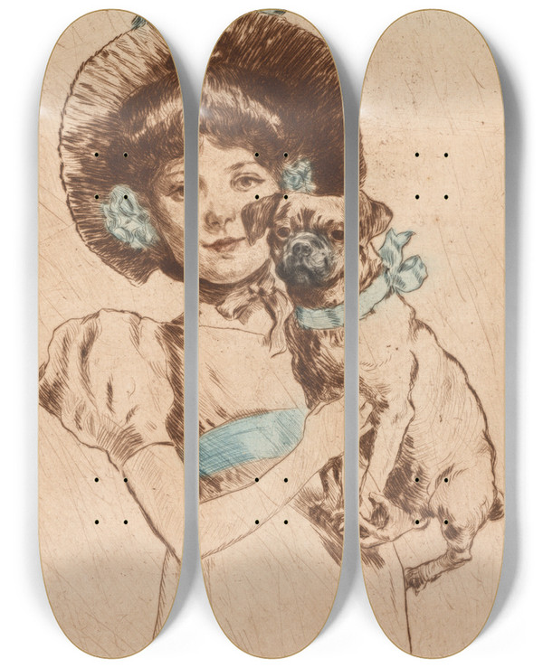 Triptych art skateboard deck of Richard Ranft La Fillette Un Chien by Richard Ranft (1862-1931)